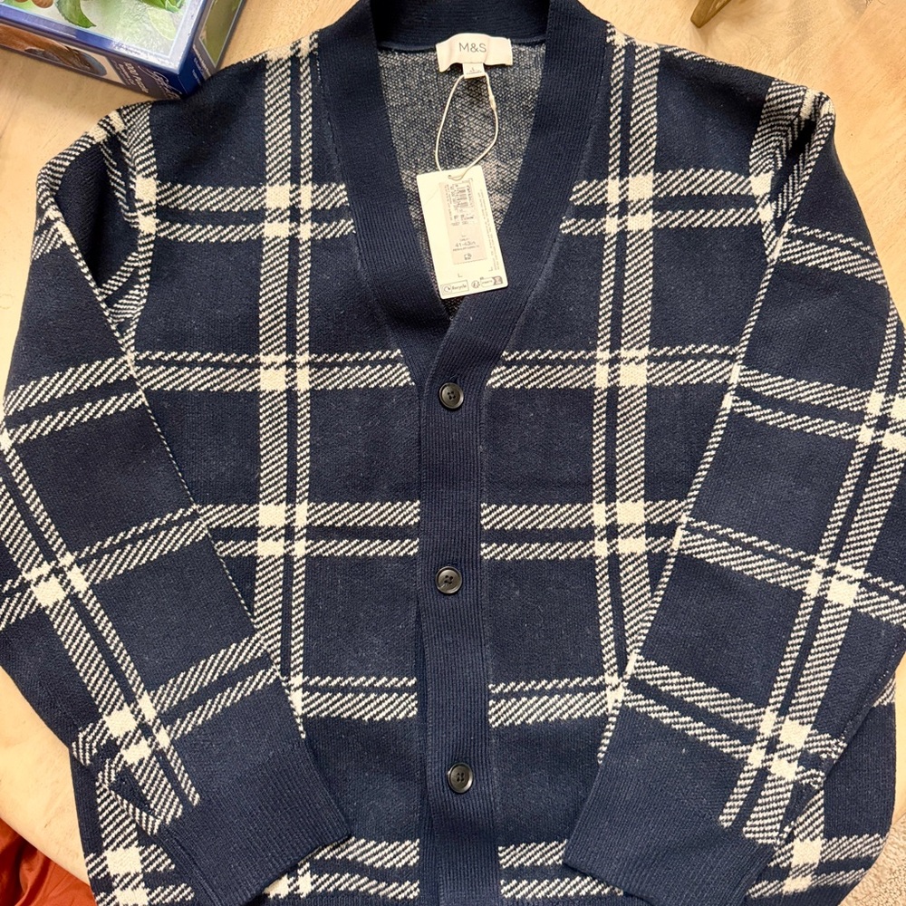 Navy Checkered Men's Cardigan